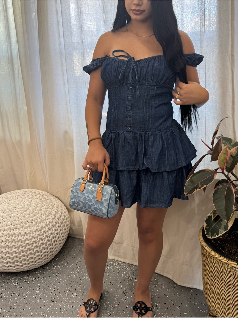wild fable Navy Off-Shoulder Tiered Mini Dress